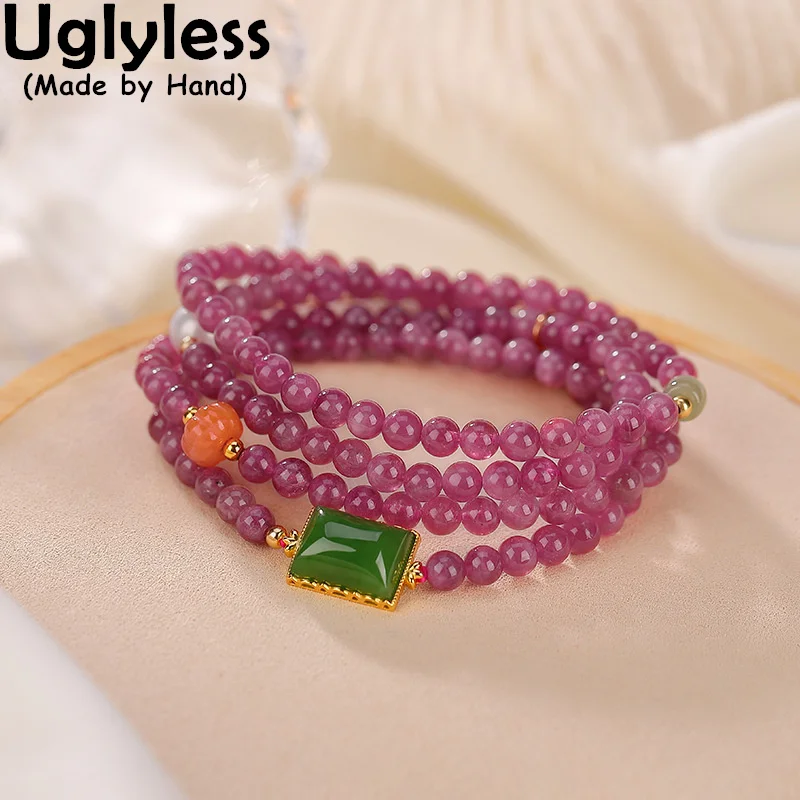 

Uglyless Luxury Rare Pink Tourmaline Bracelets Women Dual-use 4 Loops Circles Necklaces 925 Sterling Silver Bijoux Square Jasper