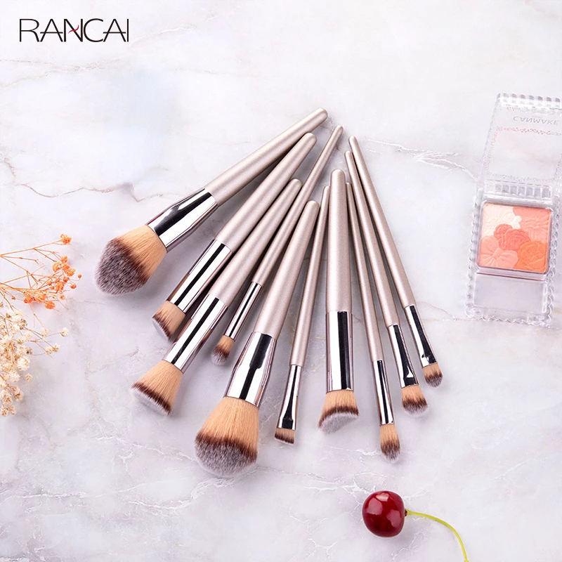 

RANCAI 10pcs Cosmetic Foundation Powder Blush Eyeshadow Kabuki Blending Make Up Brush Beauty Tools Champagne Makeup Brushes Set