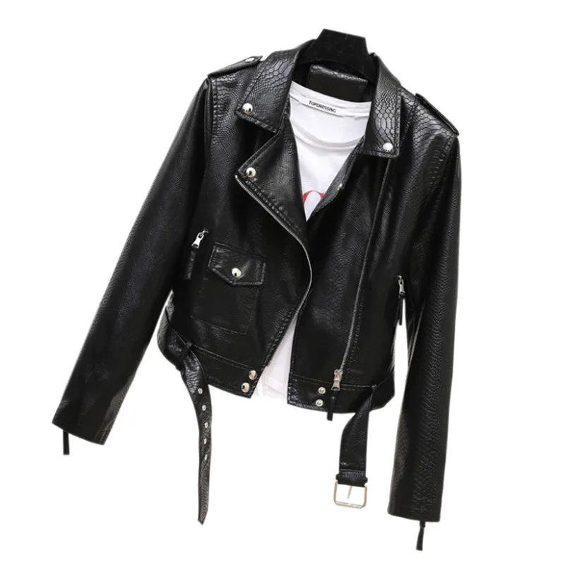 Grain leather women's 2023 spring new lapel belt leather jacket epaulette short motorcycle slim coat