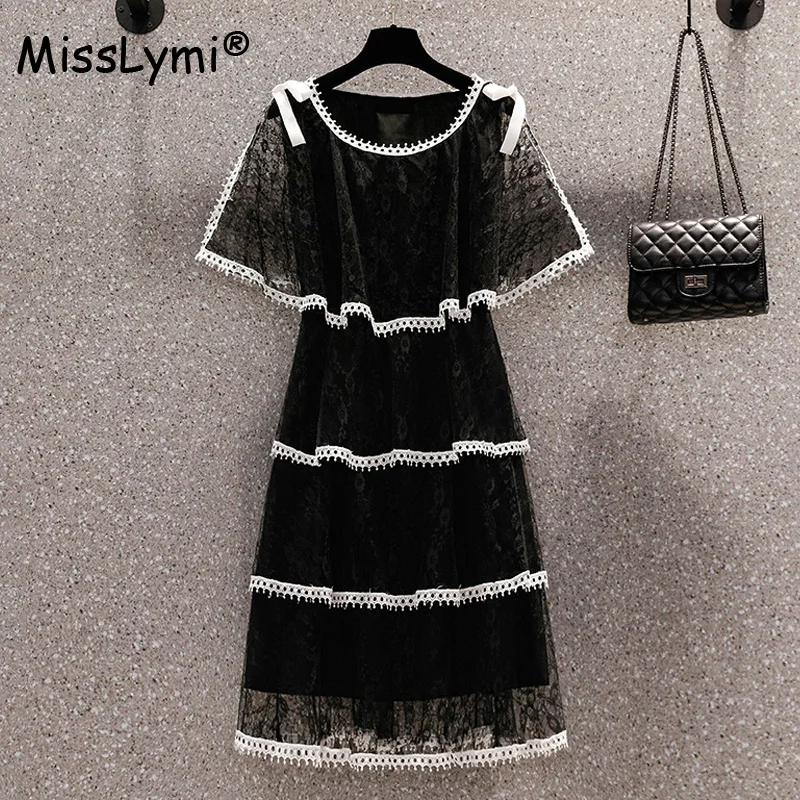 

Large Size Women Black Lace Dress Ladies Summer 2022 Bow Patchwork Korean Cake Dresses