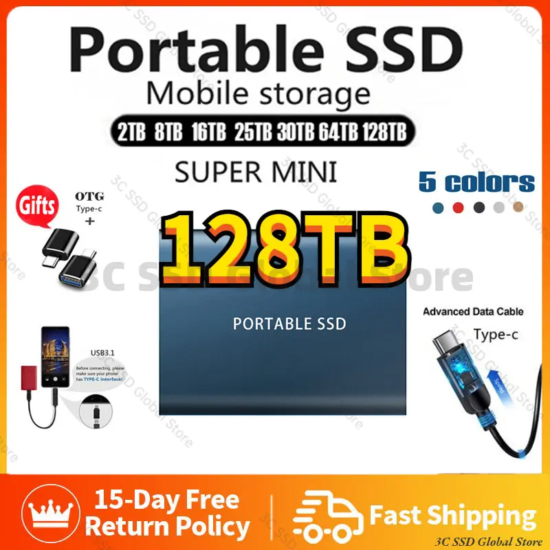 

128TB 1TB M.2 SSD 2TB 4TB Portable SSD 8TB High-speed External Solid State Type-C USB3.1 Mobile Hard Drive For Laptops PS4