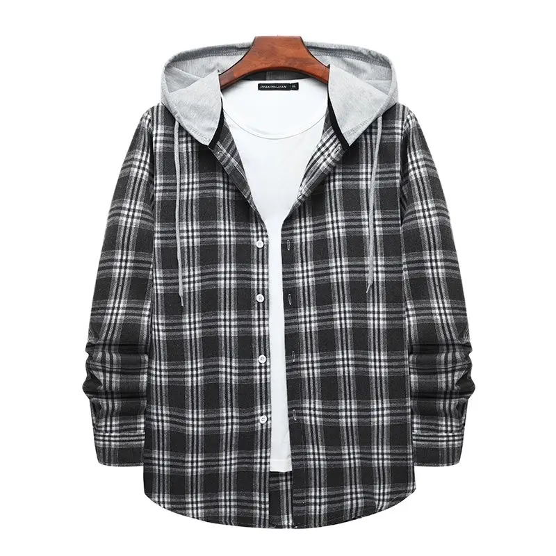 

Parklees Casual Hooded Plaid Shirts for Men 2023 Brand New Long Sleeve Cotton Tops High Quality Drawstring Checked Shirt Jacket