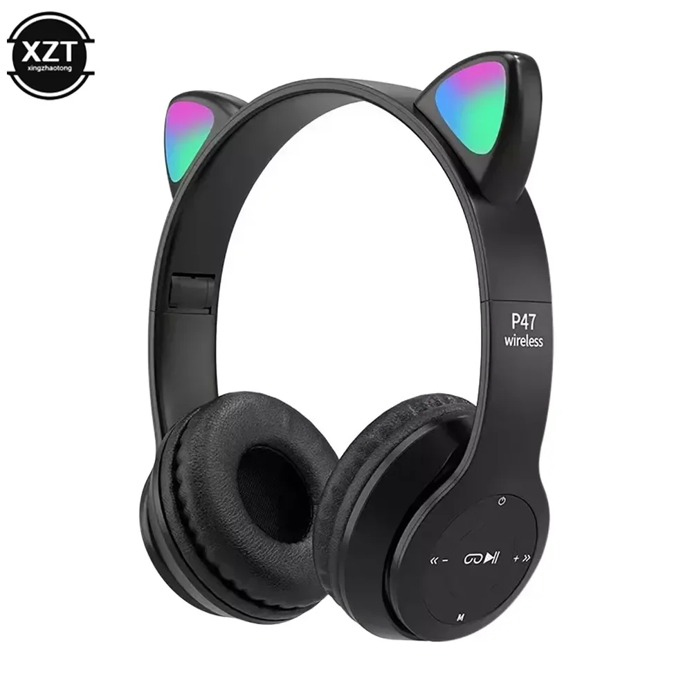 Headphones Bluetooth-compatible Headset Earphone Wireless LED Kid Girl Stereo Foldable Sport Earphone Mic Headset Cute Cat Ears enlarge