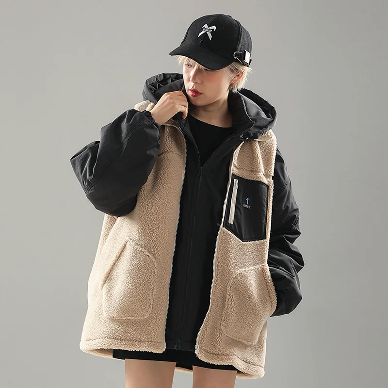 

Lamb Wool Plush Hip Hop Pockets Men Techwear Cargo Vest Jacket Coats Waistcoat Tooling Casual Outerwear Streetwear Patchwork Top