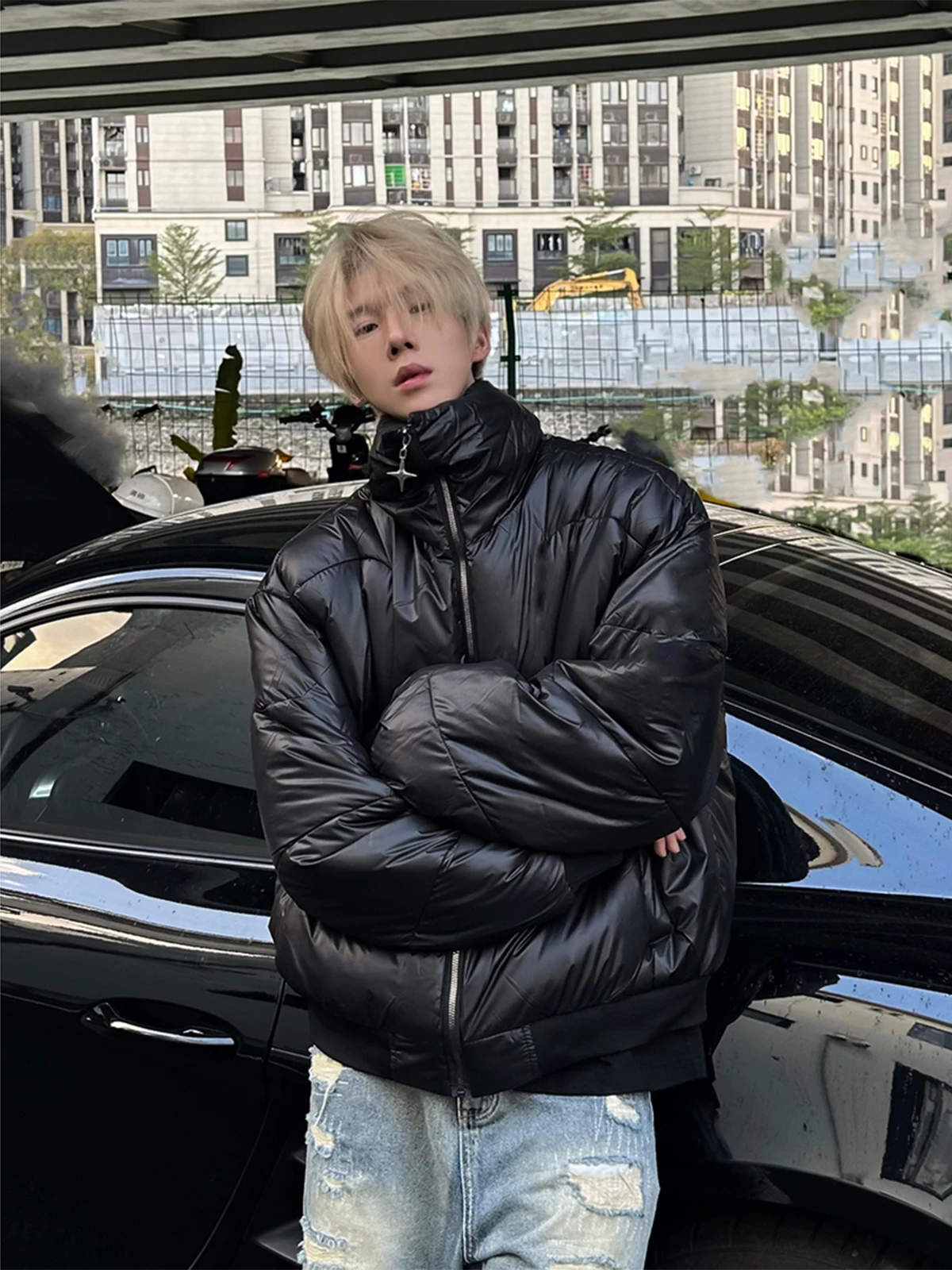 Black American Stand Collar down Coat Men's Cleanfit Winter Trendy Brand Design Short Ruan Handsome Cotton-Padded