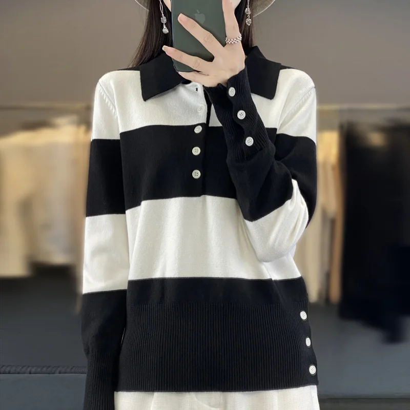 

Woman Clothing Knit Tops Y2k Sweatshirts Traf Pullover Korean Autumn Clothes Official Dress Polo Collar Regular Sweater Stitch
