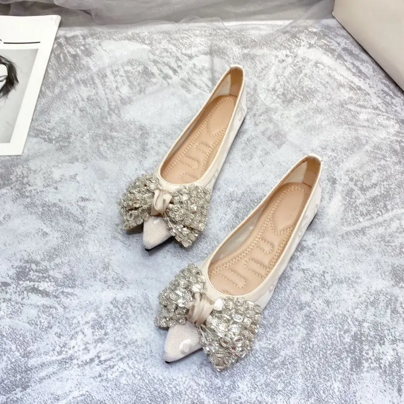 Pointed Toe Breathable Rhinestone Bow Pumps Women's Spring and Summer 2023 New Soft-Soled Mesh Surface Low-Cut Flat Shoes