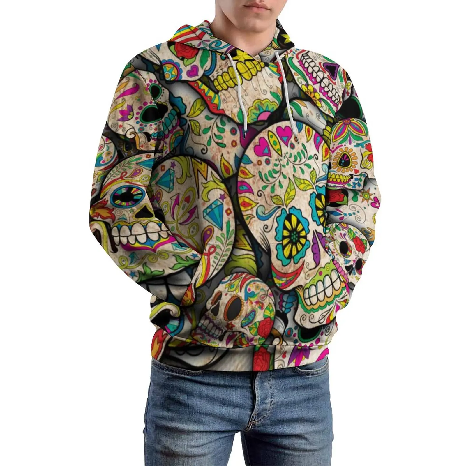 

Colorful Skeleton Casual Hoodies Sugar Skulls Floral Print Y2k Sweatshirts Autumn Long Sleeve Loose Oversize Hoodie Gift Idea