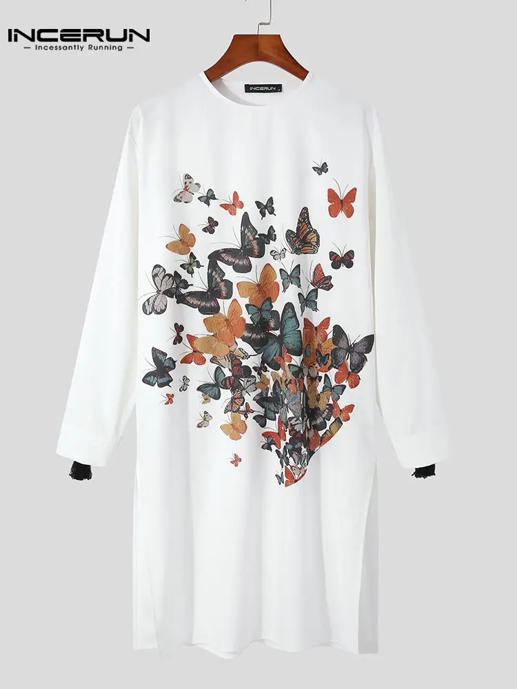 Stylish All-match Simple Men's Long Sleeve Robe Butterfly Printed Kaftan Jubba Thobe Fashion Male Long Abaya INCERUN 2022 S-5XL