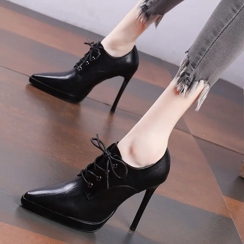 

FHANCHU 2022 New Deep High Heels,Office Work Shoes,Fashion Women Platform Pumps,Front Laces,Pointed Toe,Slip On,Black,Dropship