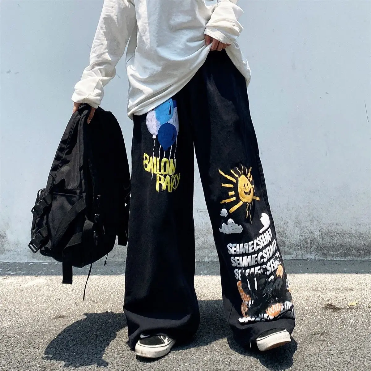 

Diablo is homemade ins high street graffiti drape jeans for prints are Fried street wide-legged pants men and women