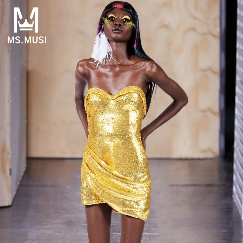 MSMUSI 2022 New Fashion Women Sexy Gold Strapless Sequin Draped Fold Sleeveless Bodycon Backless Party Club Event Mini Dress