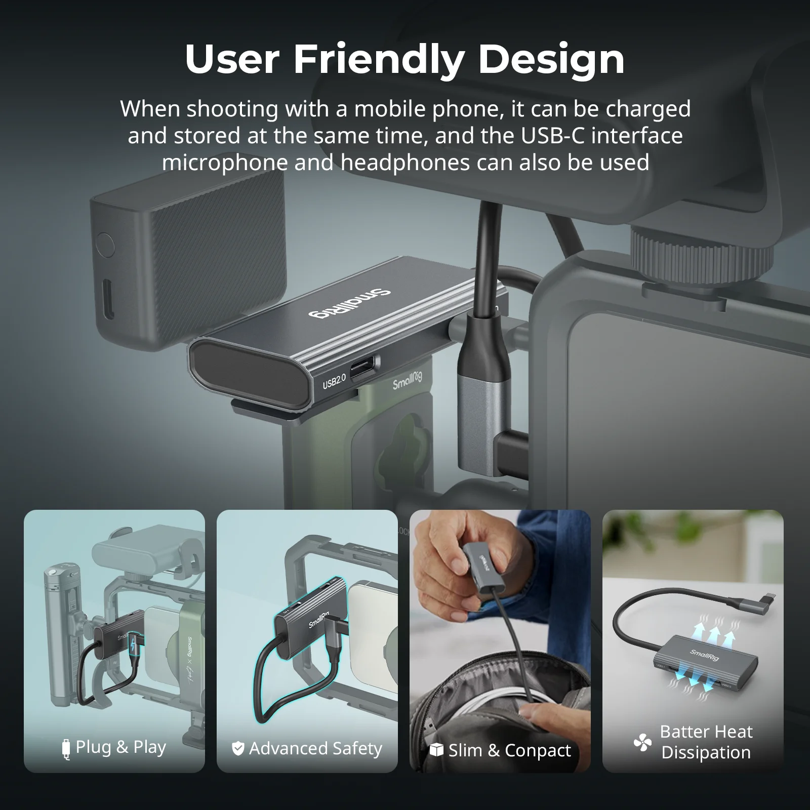 Фото Концентратор SmallRig USB-C 4-в-1 PD/USB-C 3.1/USB-C 2.0 с аудиоадаптером, для мобильной съемки видео ProRes на 4K 60 кадров в секунду -4598 №4