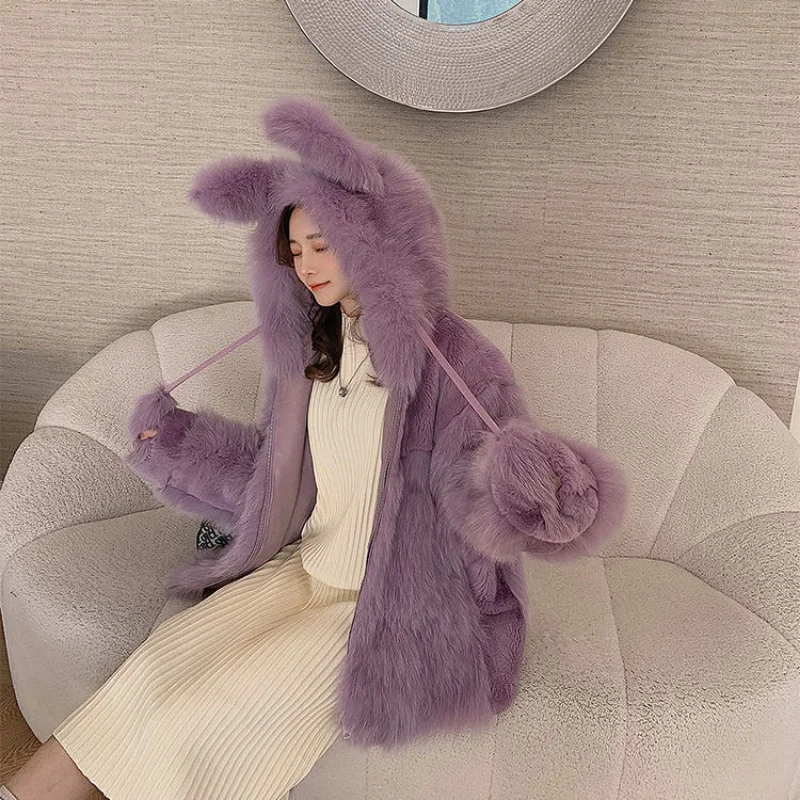 y2k faux fox fur coat female hooded otter rabbit loose cute ladies winter coat net red white purple khaki XL fur coat female