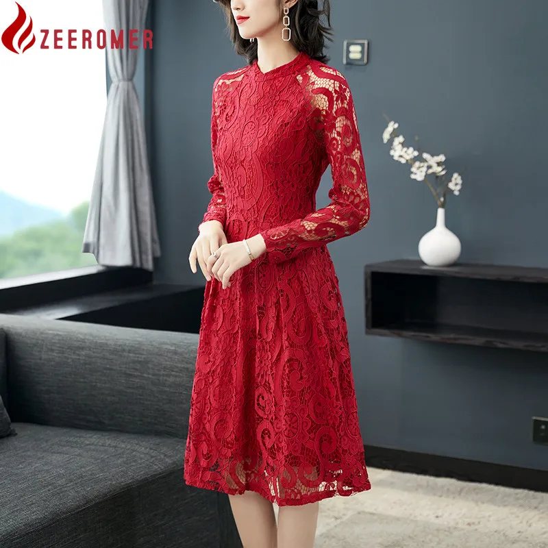 

Женское кружевное офисное платье, элегантное красное платье-трапеция с воротником-стойкой и длинным рукавом, модельное дизайнерское плать...
