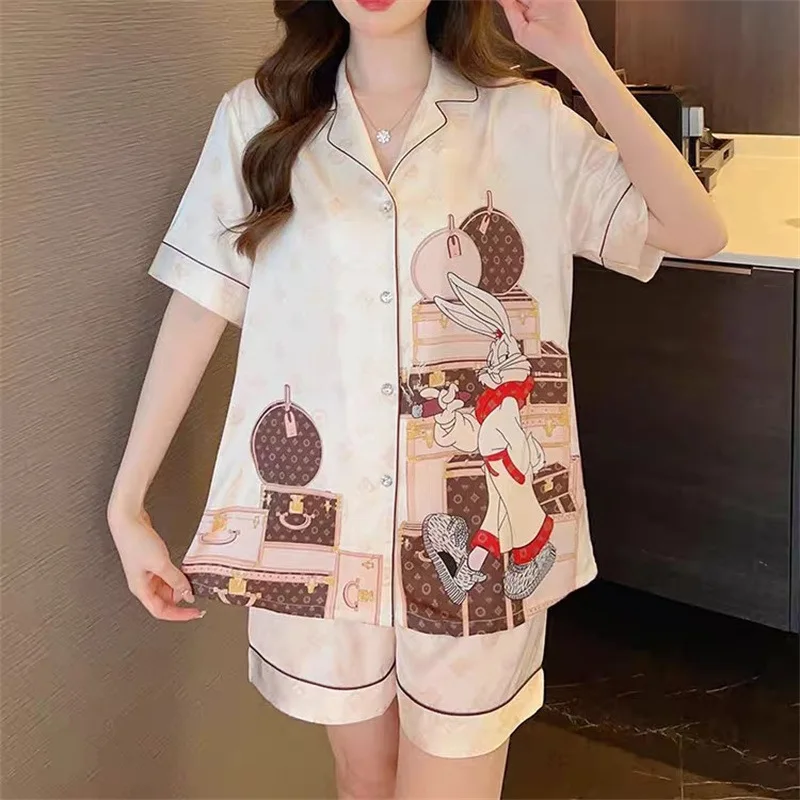2023 New Summer Ice Silk Women's Pajamas, Short Sleeved and Shorts Set, Fashionable Celebrities Thin Popular Style Sleepwear