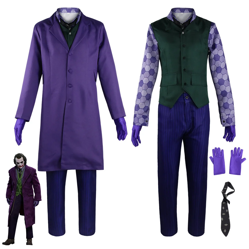 

Heath Ledger Cosplay Suit Halloween Mens Movie The Dark Knight Joker Costume Purple Jacket Trench Pants Full Sets Masquerade