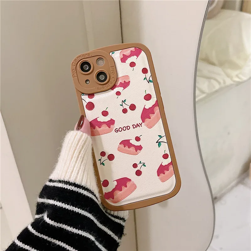 

Роскошный кожаный чехол для телефона в стиле ретро с тиснением в виде торта вишневого Мусса для iPhone 13, 12, 11 Pro Max, XR, Xs Max, 7, 8 Plus, милый мягкий чех...