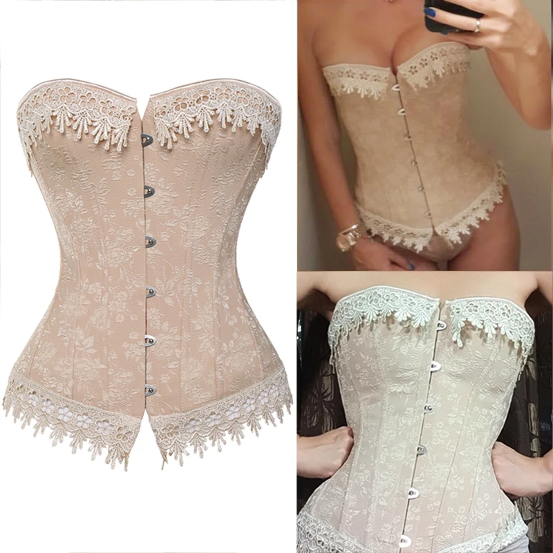 

Lace Up Corsets Bustiers Overbust Waist Trainer Embroidery Sexy Boned White Beige Corset Burlesque Costumes Corselet Halloween