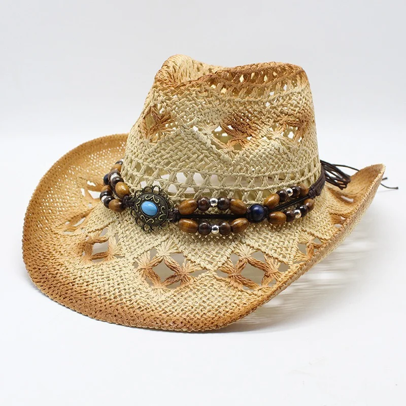 

Summer Braided Cowboy Hat With Beaded Hatband Straw Cap Kallaite Western Cowgirl Sombrero Outdoor Unisex Boho Jazz Beach Sunhat