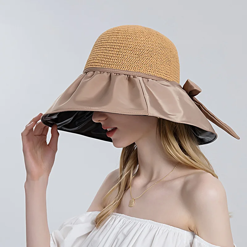 

Панама женская Соломенная с бантом, модная шляпа от солнца, с защитой от ультрафиолета, с широкими полями, для пляжа, летняя