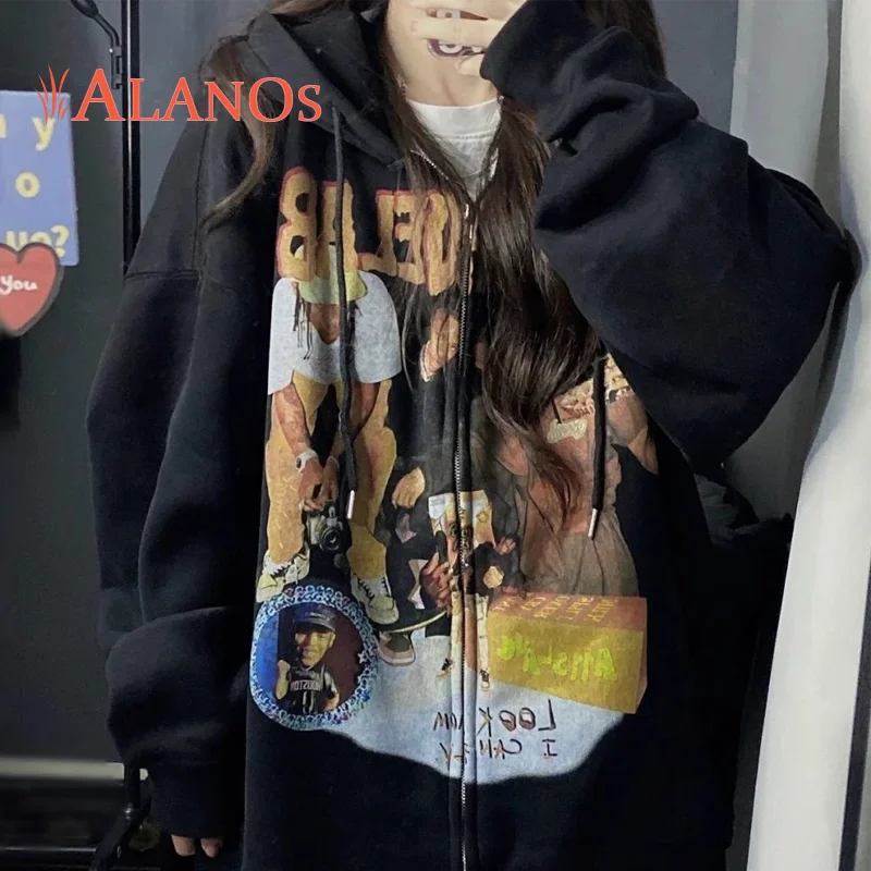 

ALANOS Y2K Gothic Streetwear Vintage Oversize Hoodie Punk Harajuku Hip Hop Zip Up Sweatshirt Goth Top 2022 Women's Clothing