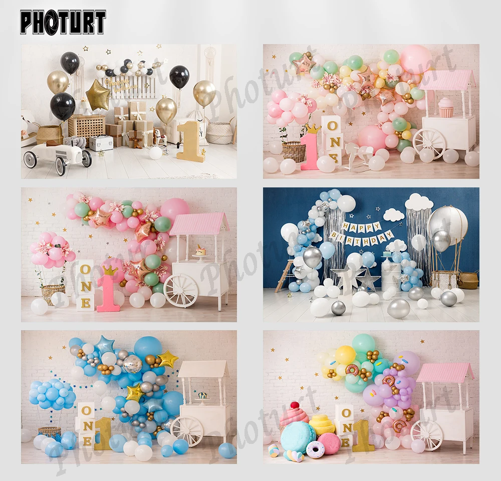 PHOTURT Newborn Baby Shower Birthday Party Backdrop Pink Blue Balloon Photography Background Vinyl Photo Banner Studio Props