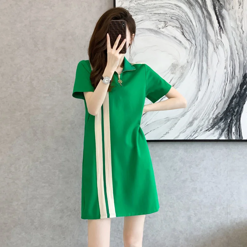 

2022 New Sports Polo Dress Midi Stripe Women Casual Summer Dresses Thin Temperament Fashion Loose Korean T-shirt Skirt Korean