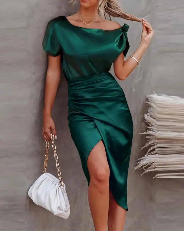 

Sexy Women's Dresses Elegant Summer Plain Tied Detail Ruched Boat Neck Slit Short Sleeve Midi Party Dress