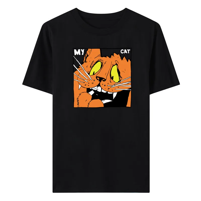 Trendy Simple Fashion Summer New All-match Cat Print Round Neck T-Shirt