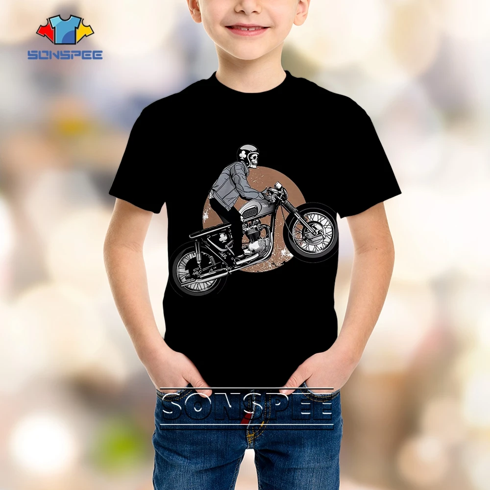

SONSPEE Black Horrible Skull 3D Print Child T-shirt Street Motorcycle Rider Pattern Kids Tops Shirts Harajuku Hip Hop Streetwear