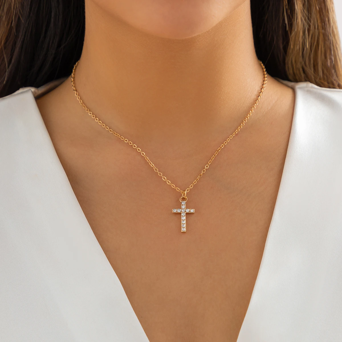 Salircon Korean Style Rhinestone Small Cross Pendant Necklace Women's Charm Metal O-shaped Chain Couples Necklace Trend Jewelry