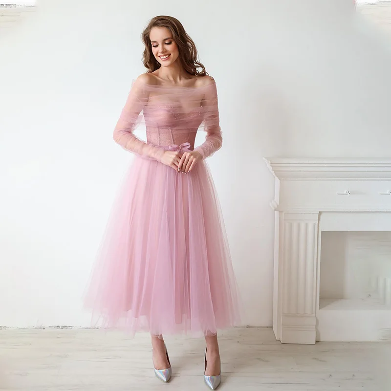 

Unique Pink Sweetheart Tea Length Prom Dresses With Detachable Sleeves Formal Party Evening Grown