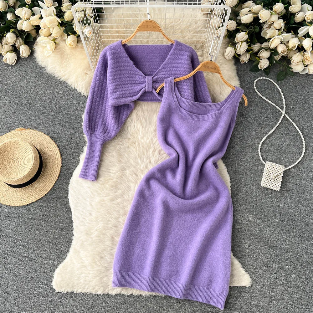 

2022 Autumn and Winter New Retro Knitting Suit Women, Short Cape Cardigan Dress Two-Piece Set Dress