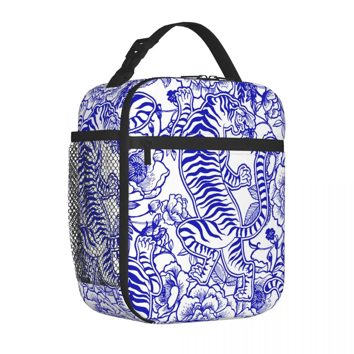 

Retro Tiger Lunch Bag with Handle Blue Floral Print Cooling Mesh Pocket Cooler Bag Takeaway Cute Food Thermal Bag
