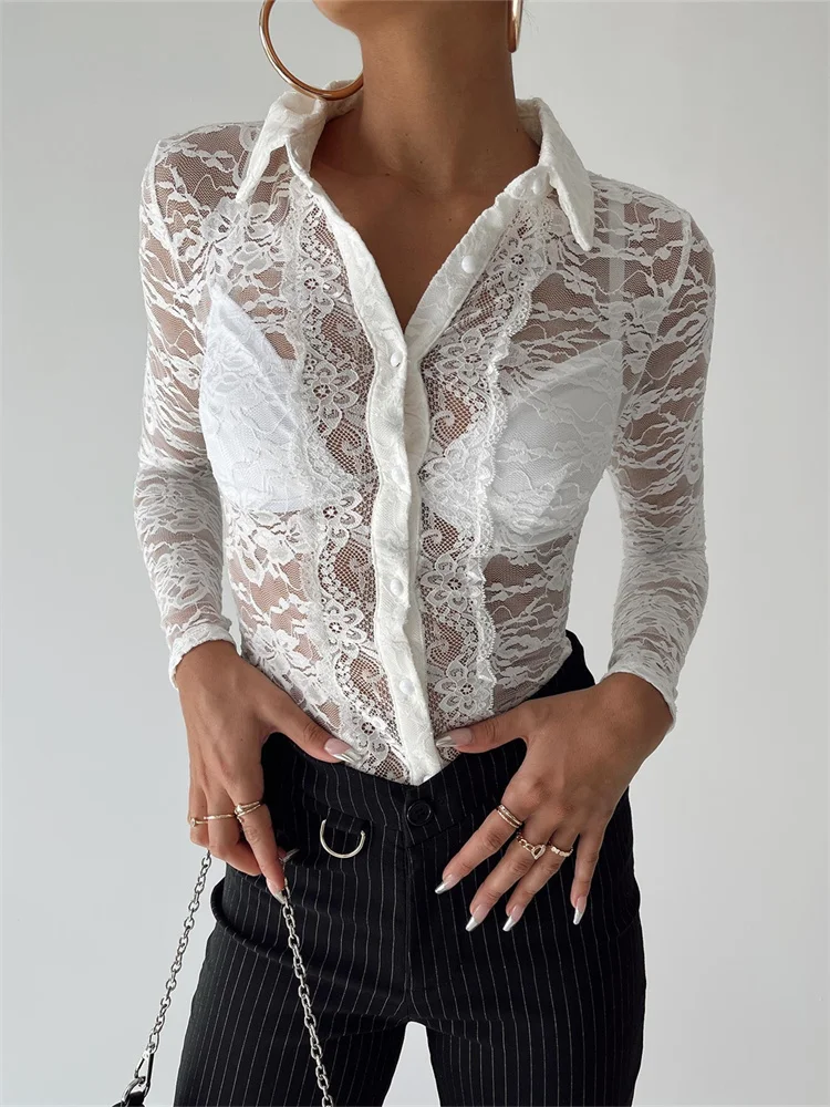 

hirigin Fashion Women Buttons Up Shirts 2022 Lace See Through Solid Lapel Office Lady Long Sleeve Tops Blouse Streetwear 2022