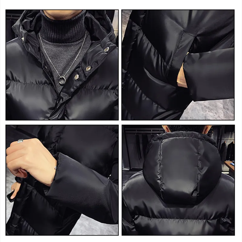 Winter Korean Windbreaker Hooded Padded Jacket for Men Long Knee Length Coat Parkas Thicken Warm Slim Fit Outerwear Plus Size