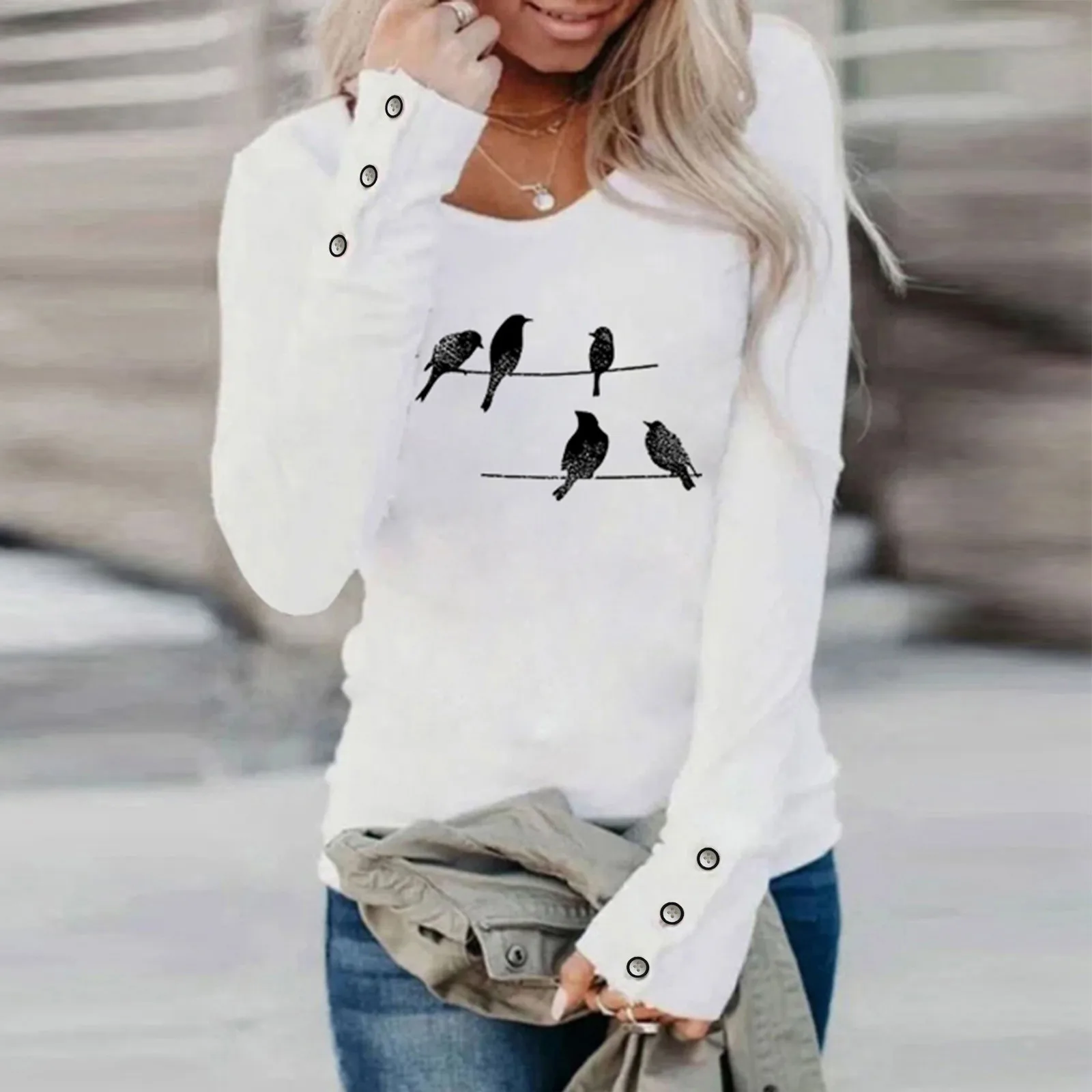 

Womens Casual Fashion Round Neck Printing Long Sleeve Button T Shirt Blouse Tops
