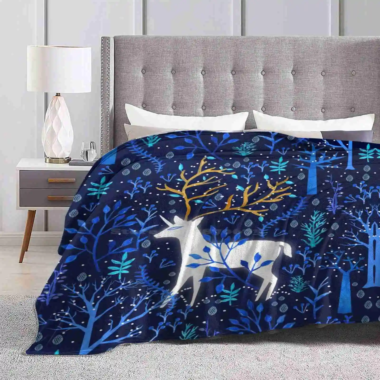 Одеяло Deericorn в синем цвете мягкое теплое переносное одеяло для путешествий