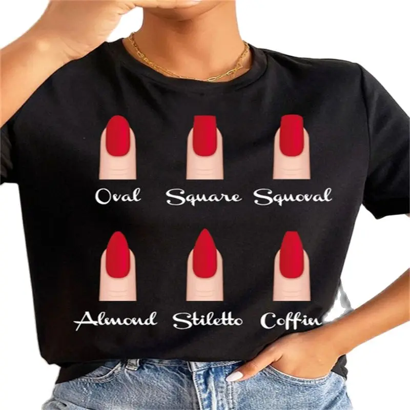 

Женская футболка с индивидуальным принтом ногтевого дизайна, веселая летняя женская футболка в стиле Харадзюку с коротким рукавом, футболка для девочек 90-х, женские топы, футболка