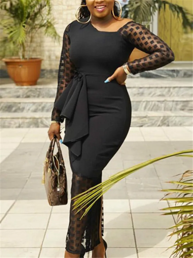 

Женское длинное платье с поясом, черное облегающее платье макси составного кроя с длинным рукавом, элегантное винтажное платье для вечевеч...