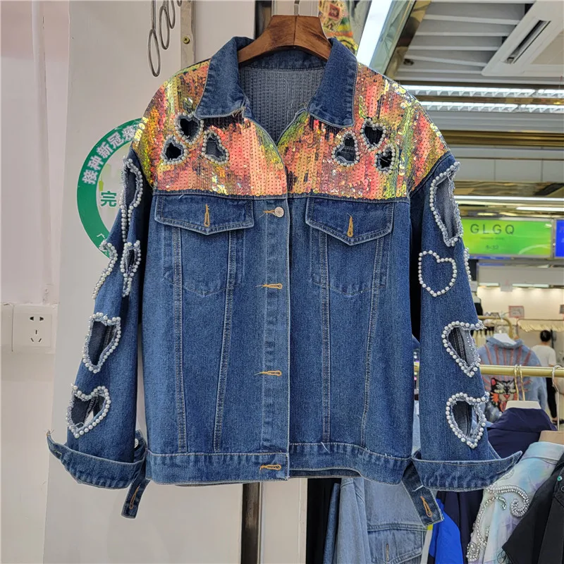 

Streetwear Sequins Pearl Holes Long Sleeve Denim Jacket Coat Women Cowboy Outerwear Loose Short Big Pocket Jeans Jacket Female