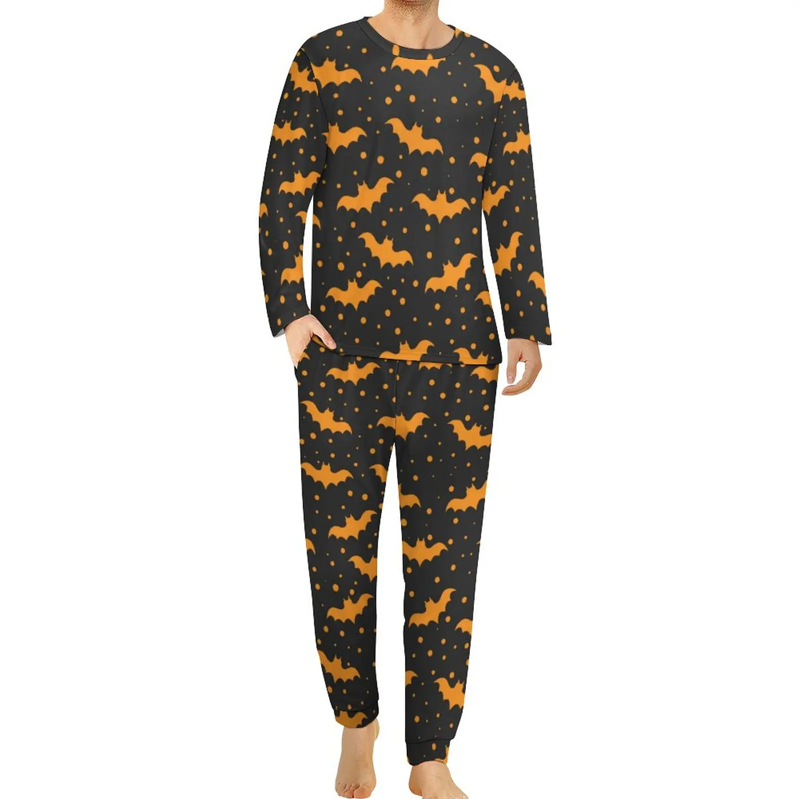 Orange Bats Print Pajamas Daily Black Halloween Night Nightwear Men 2 Piece Graphic Long Sleeves Soft Oversized Pajama Sets
