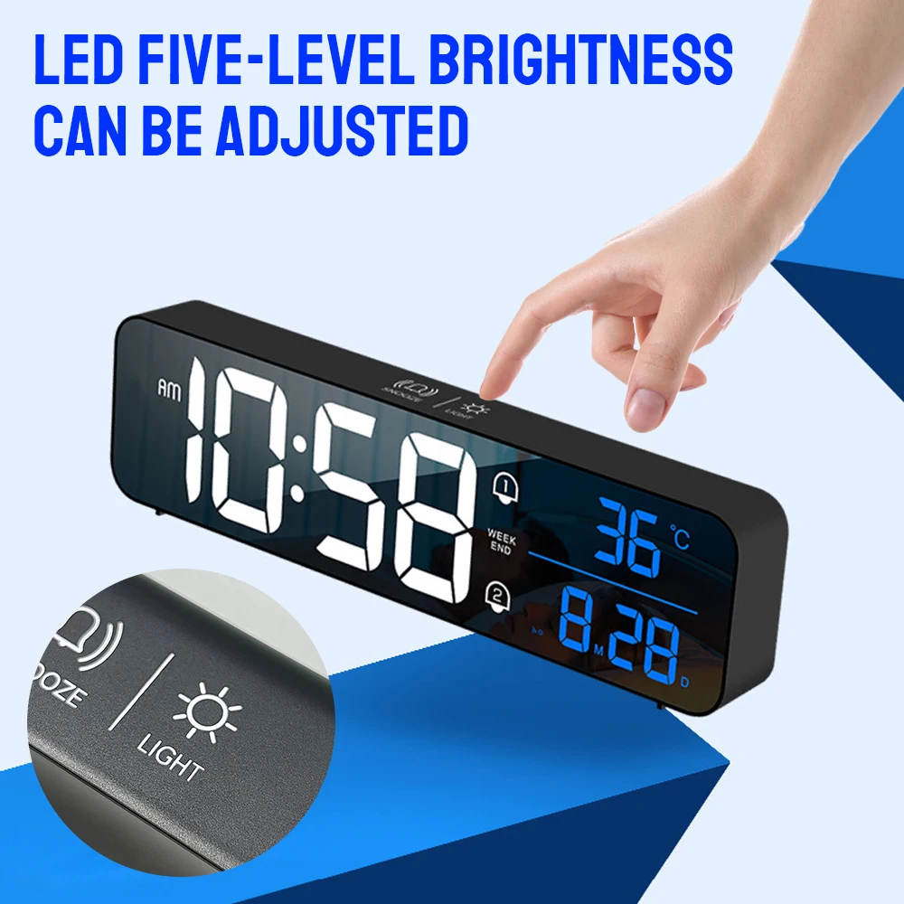 

Настольный светодиодный цифровой будильник, украшение для домашнего стола, зеркальные часы, отображение музыки, температуры и даты, аккуму...