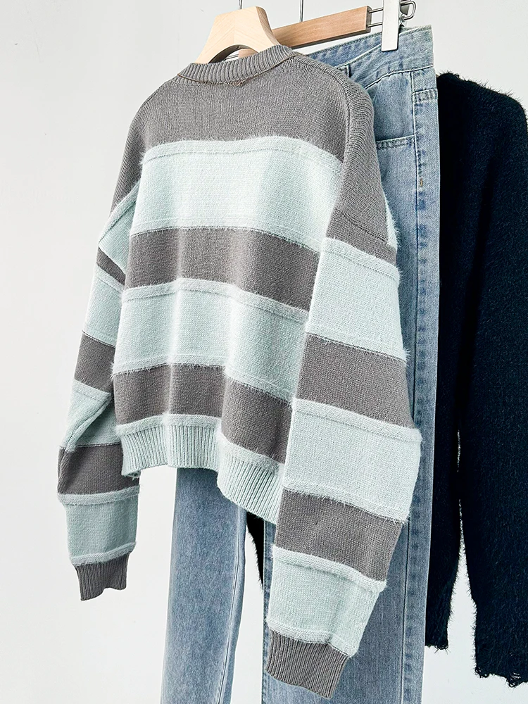 Inzevuka/Повседневный вязаный свитер в серую полоску женский осенне-зимний новый