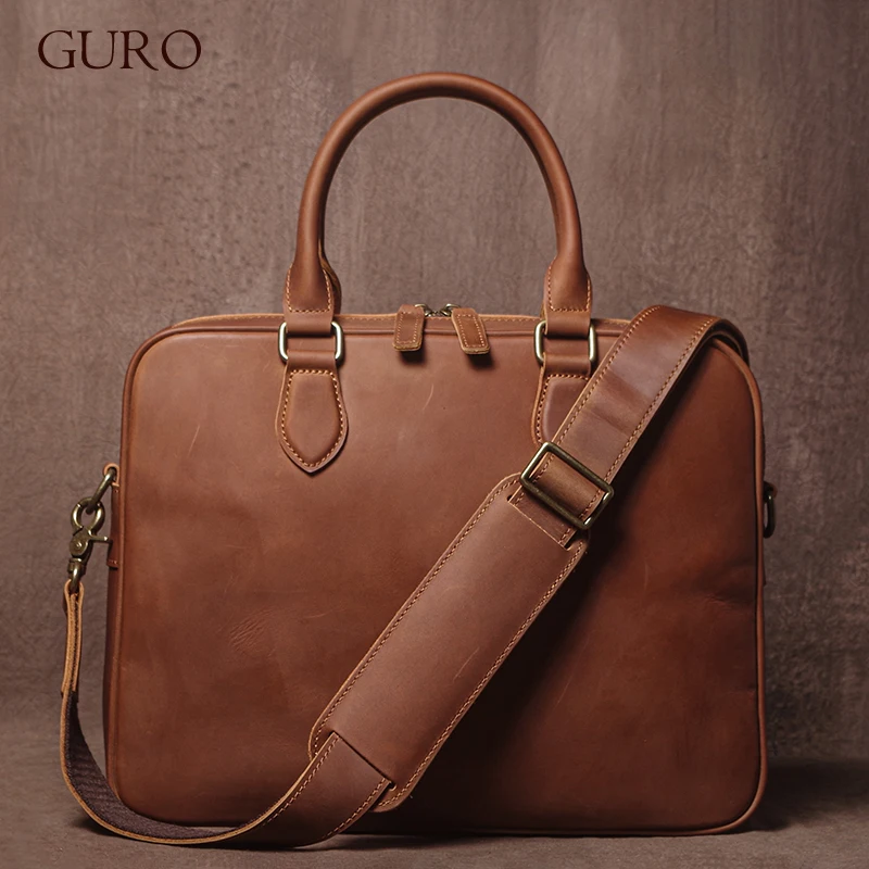 Фото Мужской портфель GURO Crazy Horse из воловьей кожи, роскошная сумка из натуральной кожи, простая легкая сумка через плечо, сумки через плечо для ноутбука №1