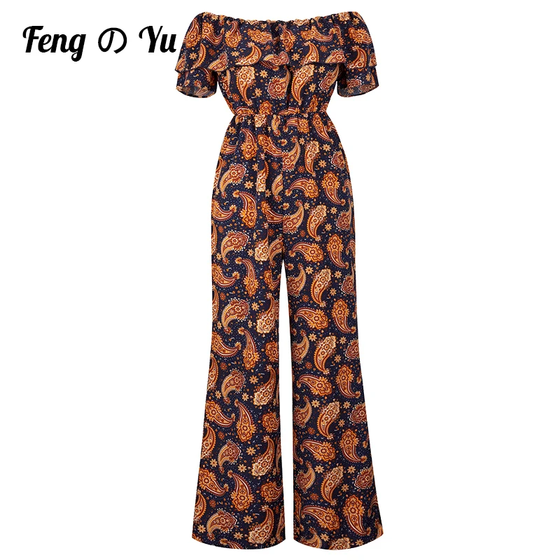 

Ladies Printed Jumpsuit Off Shoulder Ruffle Short Sleeve One-Piece Blue Loos Tight High Waist Trousers Summer Fashion Women XL
