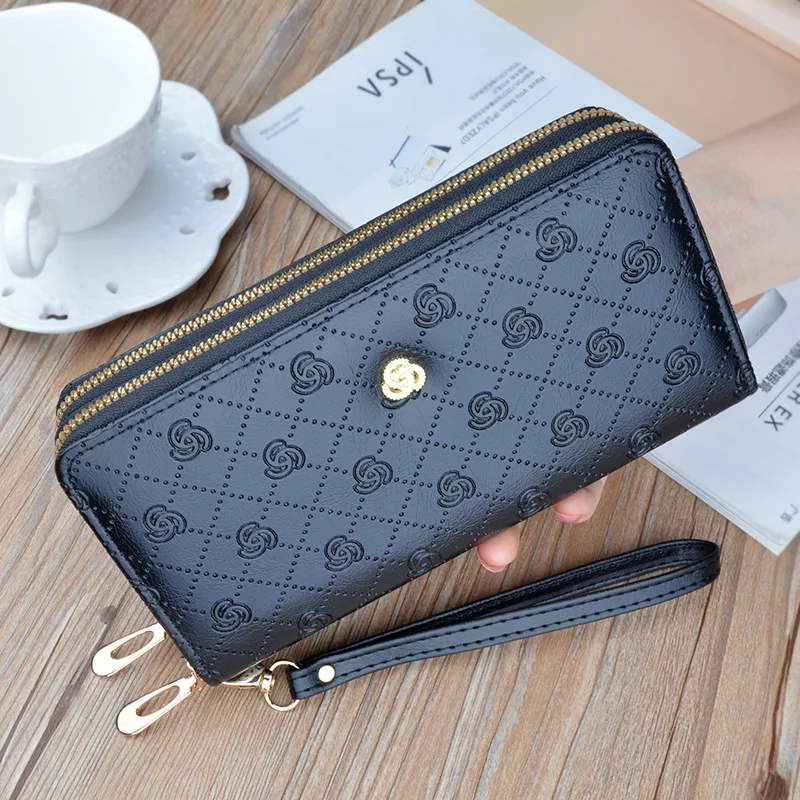 

Women's Double Zipper Long Wallet Fashion Embossed Oil Wax Leather Large Capacity Wallet Women's Mobile Bag purses