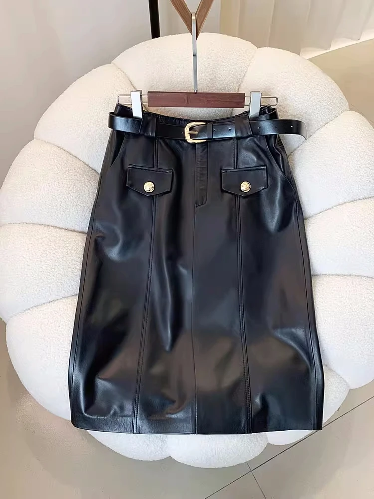 2023 Spring Autumn Chic OL Pencil-Skirt Fashion Women High Quality Genuine Leather Elegant Black Belt Skirts F215
