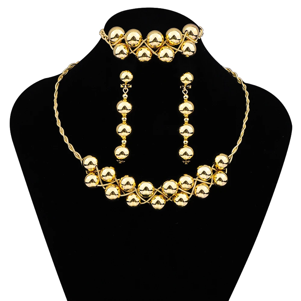 

Dubai Gold Plated Copper Bead Ball Twisted Chain Necklace Bracelet Bangle Earring Jewelry Set Women Wedding Party Christmas Gift